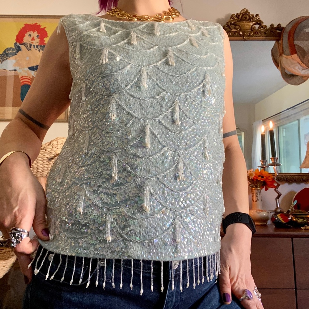 vintage early 60s pale blue wool beaded/sequined tank / size small
